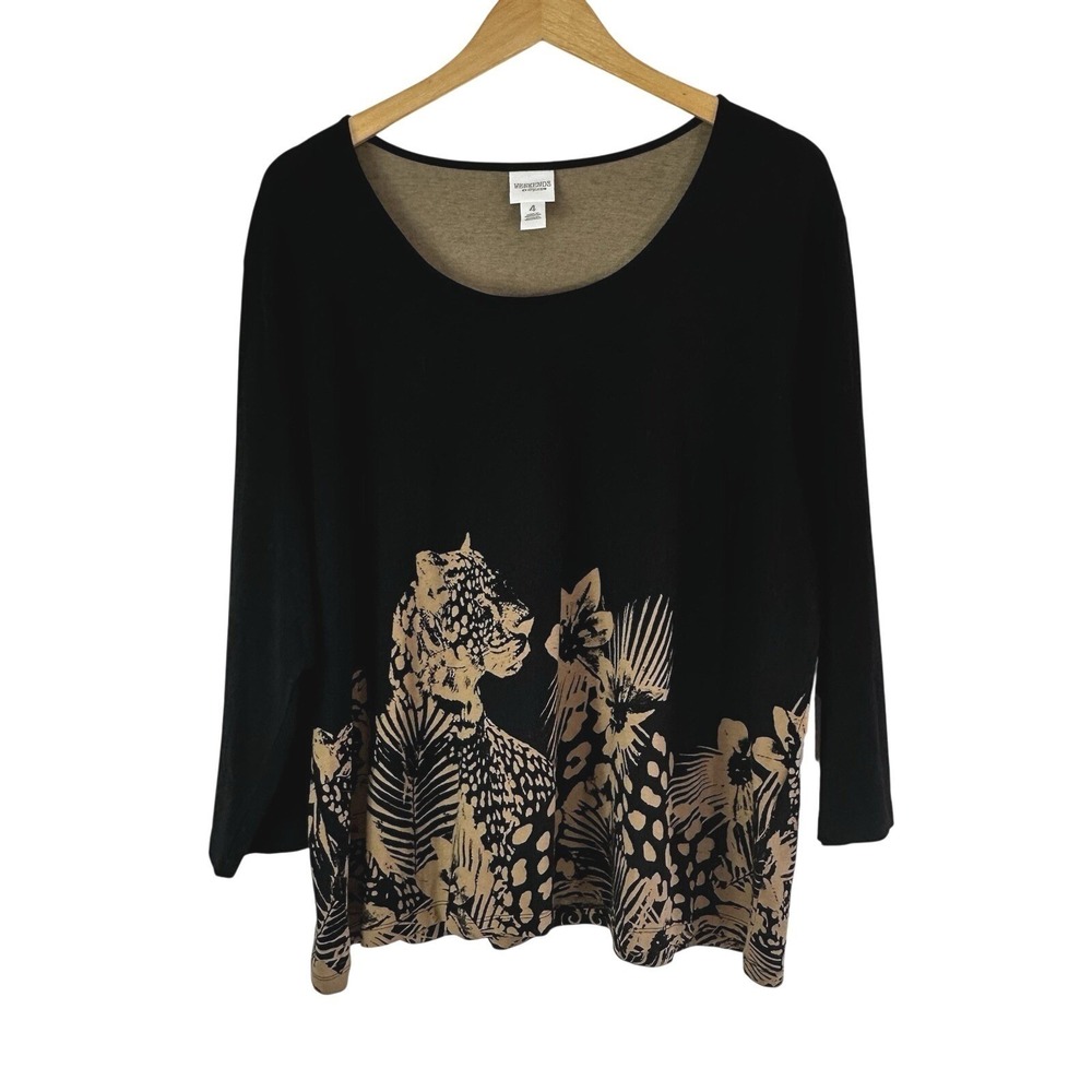 Weekends‎ by Chicos Top Womens 2XL Signature Cheetah Scoop Black 3/4 Sleeve New